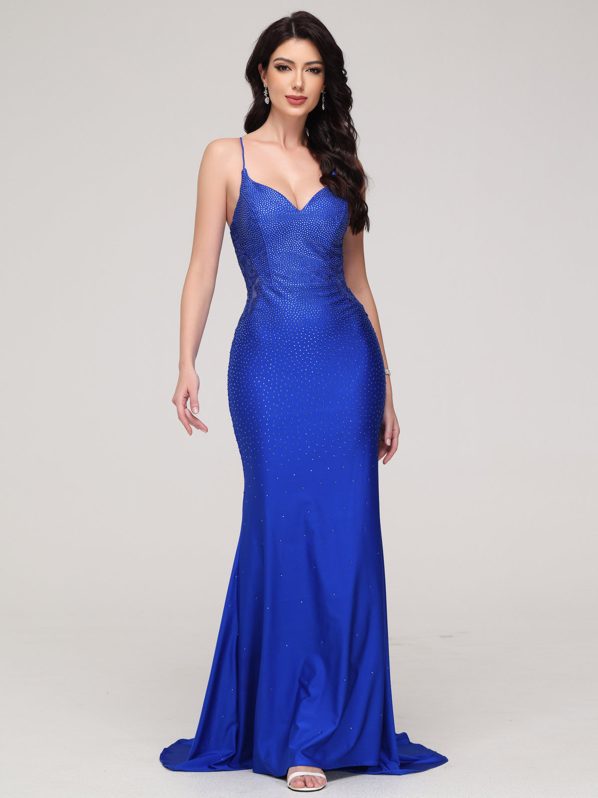 Sheath/Column V-Neck Spaghetti Straps Lace Embroidery Train Prom Dress With Split