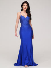 Sheath/Column V-Neck Spaghetti Straps Lace Embroidery Train Prom Dress With Split
