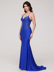 Sheath/Column V-Neck Spaghetti Straps Lace Embroidery Train Prom Dress With Split