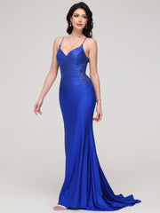 Sheath/Column V-Neck Spaghetti Straps Lace Embroidery Train Prom Dress With Split