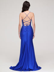 Sheath/Column V-Neck Spaghetti Straps Lace Embroidery Train Prom Dress With Split