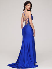 Sheath/Column V-Neck Spaghetti Straps Lace Embroidery Train Prom Dress With Split