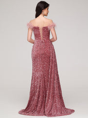 Off The Shoulder Sequins Sweep Train Velvet Prom Dress With Split