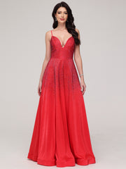 A-Line V-Neck Spaghetti Straps Floor-Length Prom Dress
