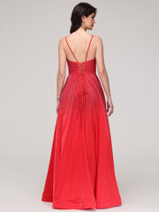 A-Line V-Neck Spaghetti Straps Floor-Length Prom Dress