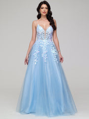 A-Line Spaghetti Straps Lace Appliques Floor-Length Prom Dress