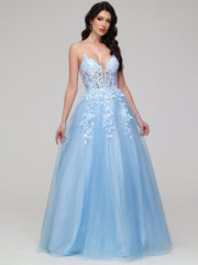 A-Line Spaghetti Straps Lace Appliques Floor-Length Prom Dress