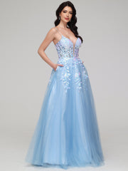 A-Line Spaghetti Straps Lace Appliques Floor-Length Prom Dress