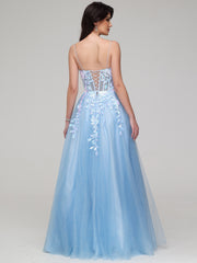 A-Line Spaghetti Straps Lace Appliques Floor-Length Prom Dress