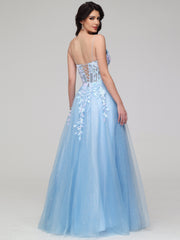 A-Line Spaghetti Straps Lace Appliques Floor-Length Prom Dress