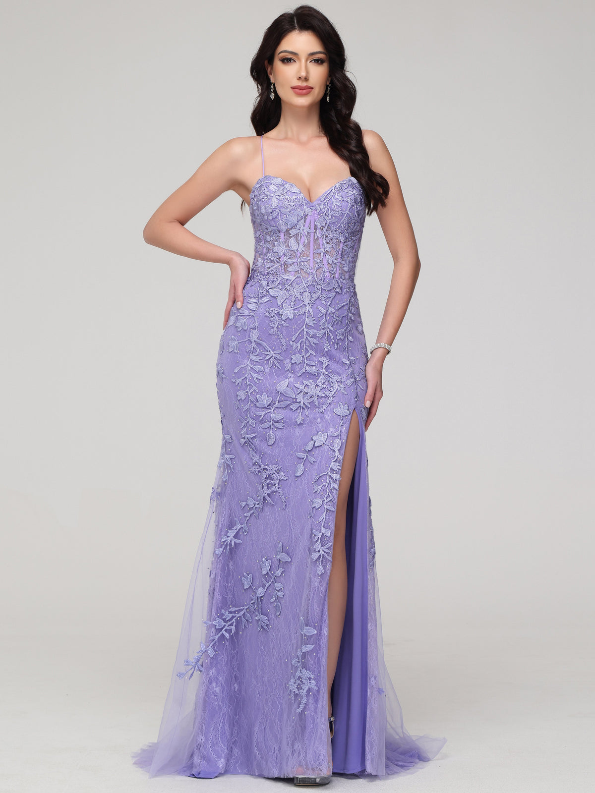 Sheath/Column Spaghetti Straps Sweetheart Lace Appliques Floor-Length Prom Dress With Split