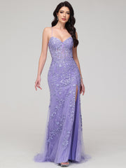 Sheath/Column Spaghetti Straps Sweetheart Lace Appliques Floor-Length Prom Dress With Split