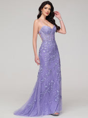 Sheath/Column Spaghetti Straps Sweetheart Lace Appliques Floor-Length Prom Dress With Split