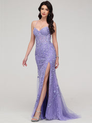 Sheath/Column Spaghetti Straps Sweetheart Lace Appliques Floor-Length Prom Dress With Split