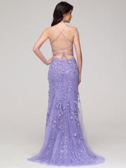 Sheath/Column Spaghetti Straps Sweetheart Lace Appliques Floor-Length Prom Dress With Split