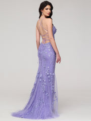 Sheath/Column Spaghetti Straps Sweetheart Lace Appliques Floor-Length Prom Dress With Split