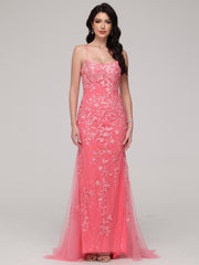 Sheath/Column Spaghetti Straps Asymmetrical Sweep Train Prom Dress