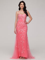 Sheath/Column Spaghetti Straps Asymmetrical Sweep Train Prom Dress
