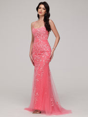 Sheath/Column Spaghetti Straps Asymmetrical Sweep Train Prom Dress