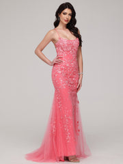 Sheath/Column Spaghetti Straps Asymmetrical Sweep Train Prom Dress