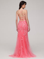 Sheath/Column Spaghetti Straps Asymmetrical Sweep Train Prom Dress