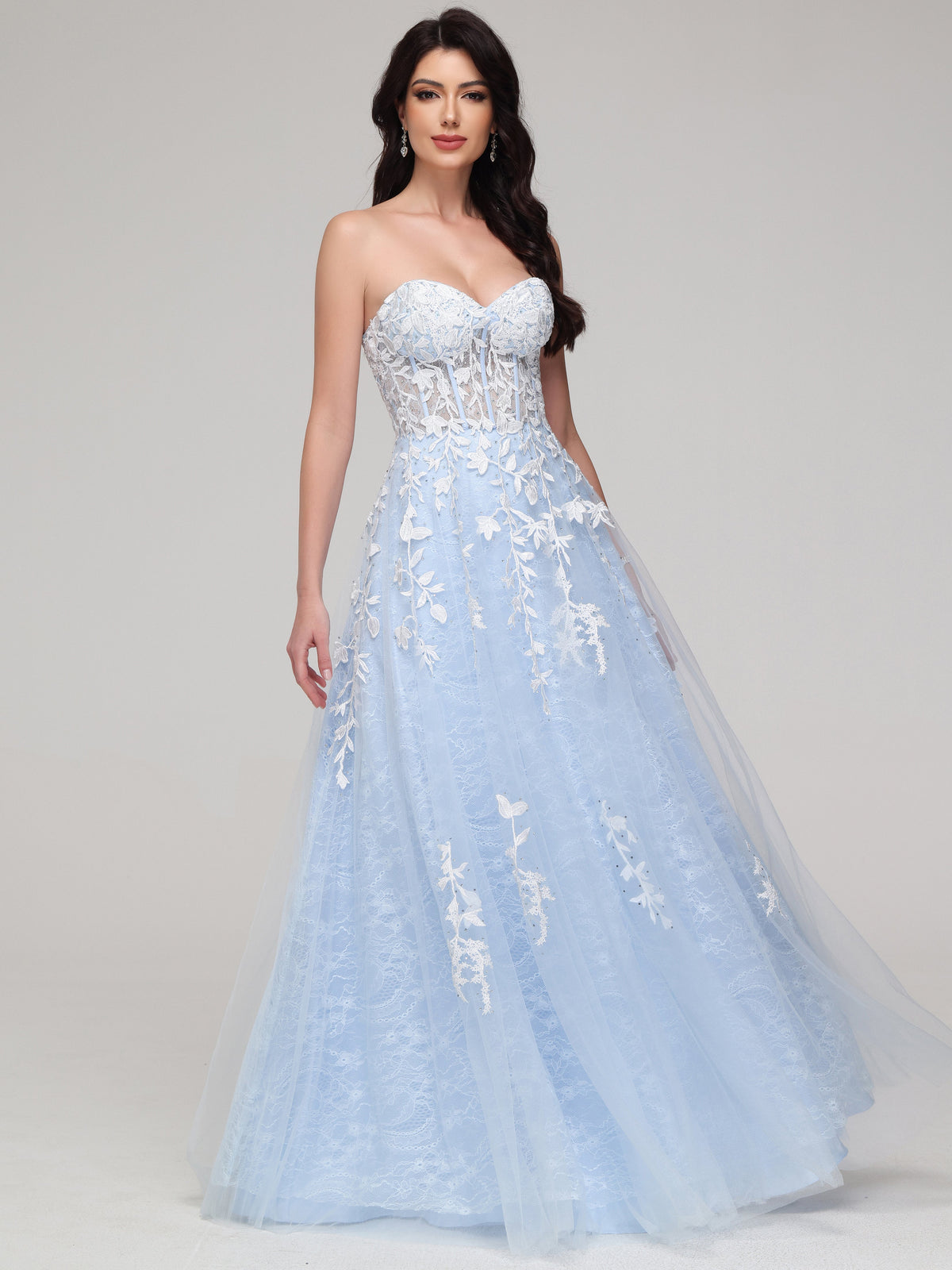 A-Line Strapless Sweetheart Lace Appliques Floor-Length Prom Dress