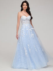 A-Line Strapless Sweetheart Lace Appliques Floor-Length Prom Dress