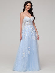 A-Line Strapless Sweetheart Lace Appliques Floor-Length Prom Dress