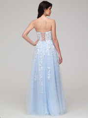 A-Line Strapless Sweetheart Lace Appliques Floor-Length Prom Dress