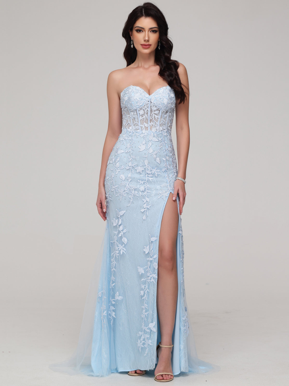 Sheath/Column Strapless Lace Appliques Floor-Length Split Prom Dress
