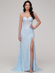 Sheath/Column Strapless Lace Appliques Floor-Length Split Prom Dress
