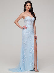 Sheath/Column Strapless Lace Appliques Floor-Length Split Prom Dress