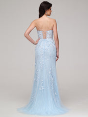 Sheath/Column Strapless Lace Appliques Floor-Length Split Prom Dress