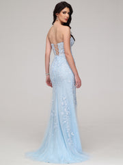 Sheath/Column Strapless Lace Appliques Floor-Length Split Prom Dress