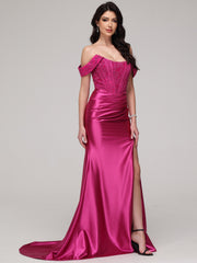 Sheath/Column Off The Shoulder Lace Strapless Sweep Train Prom Dress With Split