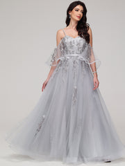 A-Line Spaghetti Straps Sweetheart Lace Appliques Floor-Length Prom Dress