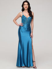 Sheath/Column Spaghetti Straps Lace Embroidery Floor-Length Prom Dress With Split