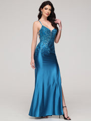 Sheath/Column Spaghetti Straps Lace Embroidery Floor-Length Prom Dress With Split