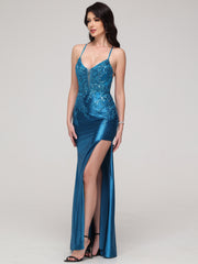 Sheath/Column Spaghetti Straps Lace Embroidery Floor-Length Prom Dress With Split