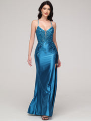Sheath/Column Spaghetti Straps Lace Embroidery Floor-Length Prom Dress With Split