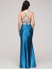 Sheath/Column Spaghetti Straps Lace Embroidery Floor-Length Prom Dress With Split