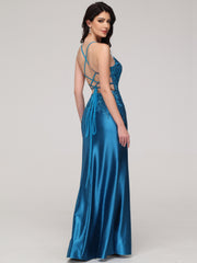 Sheath/Column Spaghetti Straps Lace Embroidery Floor-Length Prom Dress With Split