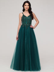 A-Line Spaghetti Straps V-Neck Lace Appliques Floor-Length Prom Dress