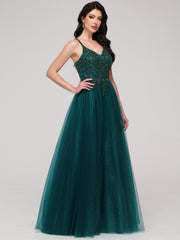 A-Line Spaghetti Straps V-Neck Lace Appliques Floor-Length Prom Dress
