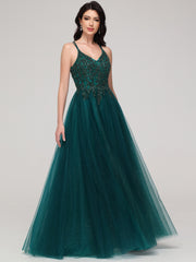 A-Line Spaghetti Straps V-Neck Lace Appliques Floor-Length Prom Dress