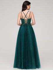 A-Line Spaghetti Straps V-Neck Lace Appliques Floor-Length Prom Dress