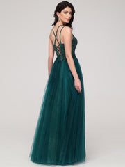 A-Line Spaghetti Straps V-Neck Lace Appliques Floor-Length Prom Dress