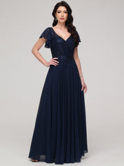 A-Line Short Sleeves V-Neck Floor-Length Chiffon Prom Dress
