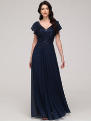 A-Line Short Sleeves V-Neck Floor-Length Chiffon Prom Dress