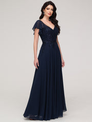 A-Line Short Sleeves V-Neck Floor-Length Chiffon Prom Dress